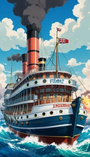 A 1930s steamboat with resemblance to the English on the high seas.,a large boat is floating in some water,oceanliner,aquitania,titantic,westerdam,caravel,ocean liner,Illustration,Japanese style,Japan