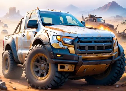 Ford Ranger Rapotr, off road,  white color,madmax,a couple of cars that are on the road,raptor,off-road vehicle,ford truck,supertruck,tundras,off road vehicle,Anime,Anime,Cartoon