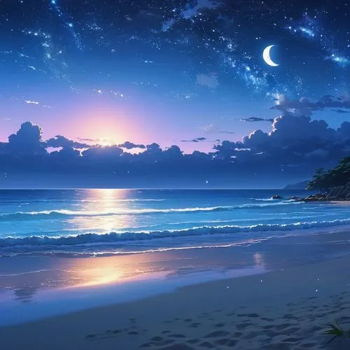 ocean background,beautiful beach,dream beach,moon and star background,beach scenery,sea night,Photography,General,Realistic