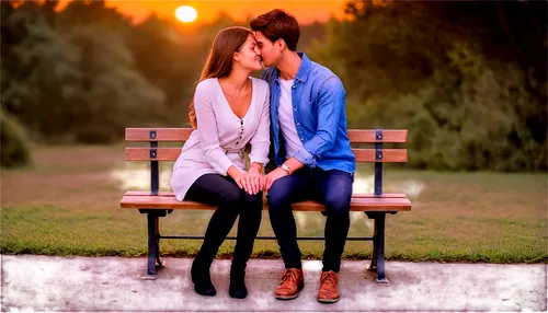 Couples, romantic, embracing, kissing, hand-holding, sitting on bench, sunset background, warm lighting, soft focus, gentle facial expressions, sweet smiles, tender gestures, affectionate postures, ge