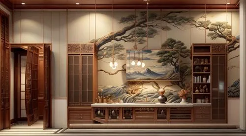 china cabinet,japanese-style room,oriental painting,chinese screen,chinese art,interior decoration,room divider,bookshelves,interior decor,armoire,interior design,aquarium decor,japanese art,cabinetry,asian architecture,luxury home interior,chinese architecture,ryokan,study room,wall decoration