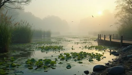 wetland,wetlands,swamp,pond,marshlands,polders,swampy landscape,morning mist,foggy landscape,swamps,forest lake,bayou,nature landscape,marshland,lotus pond,river landscape,riverwood,backwater,marsh,cryengine,Photography,General,Realistic