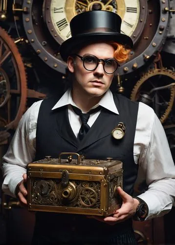 Cumulus cloud, fake maker, whimsical, steam punk inspired, intricate details, brass machinery, copper pipes, leather straps, vintage goggles, white shirt, black waistcoat, top hat, holding a mysteriou