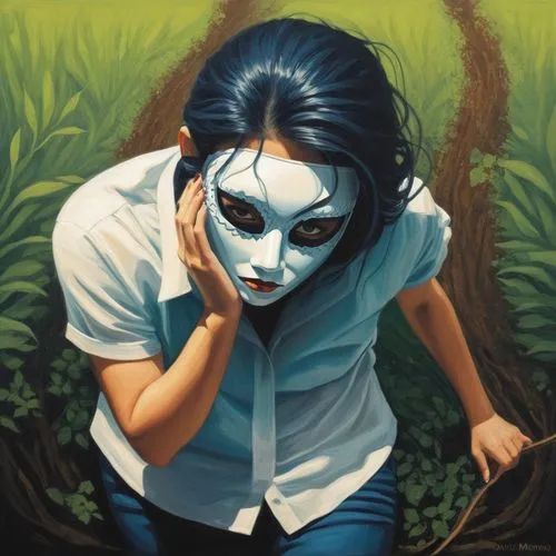 it is a woman in a mask ,a painting of a woman with dark hair and white mask on,psicosis,llorona,wason,mime,molko,pierrot,Conceptual Art,Daily,Daily 02