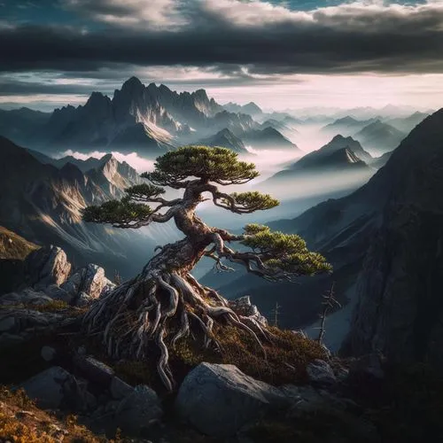 dragon tree,isolated tree,lone tree,bonsai,celtic tree,fantasy picture,bristlecone,bonsai tree,lonetree,fantasy landscape,pine tree,larch tree,the japanese tree,mountain landscape,mountain spirit,arbre,magic tree,ignagni,mountain scene,tree of life