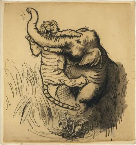 In the image a tiger is attacking an elphant, jumping and holding elephant's trunk,A tiger attacking an elephant,varaha,tusker,elephant,silliphant,tiger,Art,Classical Oil Painting,Classical Oil Painti