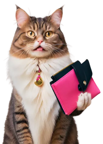 Fat cat, sitting, holding wallet, overflowing banknotes, golden coins, shiny fur, whiskers, cute nose, pink tongue, sparkling eyes, collar with bell, velvet cloth, intricate embroidery, soft focus, wa