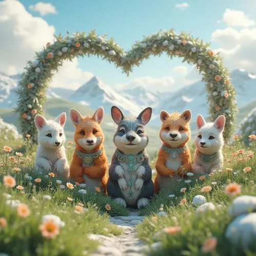 rabbit family,easter background,cute animals,kawaii animals,corgis,eevee,Unique,3D,3D Character