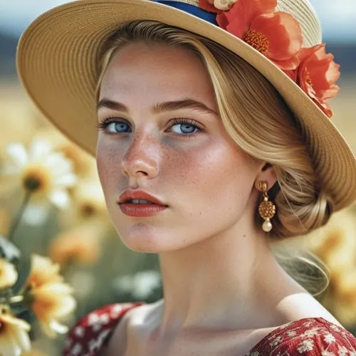 Close-up portrait of a young woman with striking features, displaying a thoughtful or introspective expression. Her face is highlighted by bright blue eyes, red lipstick, and delicate freckles dusting