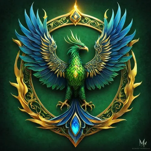 gryphon,green dragon,heraldic,emblem,garuda,quetzal,basilisk,crest,phoenix rooster,blue and gold macaw,argus,caduceus,wyrm,harpy,freemason,heraldic animal,coat of arms of bird,heraldry,green bird,heraldic shield,Conceptual Art,Fantasy,Fantasy 16