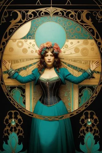 Alphonse Mucha, painting,a woman in blue dress with a mirror behind her,art nouveau frame,art nouveau frames,mucha,fantasia,rasputina,victoriana,Photography,Artistic Photography,Artistic Photography 0