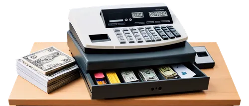 Cash register, metal body, LED display, buttons and keypad, rolling drawer, dollar bills, coins, calculator, pens and pencils, wooden or plastic countertop, morning light, shallow depth of field, warm