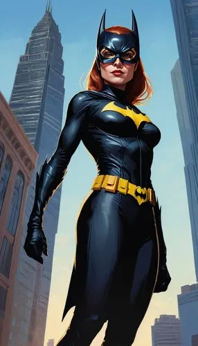 BATGIRL WEARING BATGLASSES,a painting of a woman in a batman suit,batgirl,batwoman,selina,shadowcat,rahne,catwoman,Conceptual Art,Daily,Daily 02