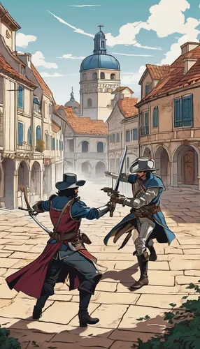 sword fighting,game illustration,swordsmen,knight village,hamelin,assassins,volterra,historical battle,lyon,duel,medieval,medieval town,medieval market,medieval street,lucca,fighting poses,musketeer,skirmish,puy du fou,montepulciano,Illustration,Japanese style,Japanese Style 07