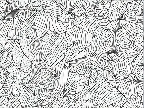 an artistic coloring page with black and white designs,tropical leaf pattern,vector pattern,pine cone pattern,botanical line art,flowers png,flower line art,Illustration,Black and White,Black and Whit