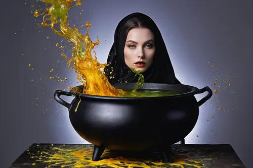 During a potion-making mishap, a witch's cauldron explodes and covers her in magical goo. Now she's the subject of memes everywhere.,cauldron,fragrance teapot,pouring tea,asian teapot,goldenrod tea,te