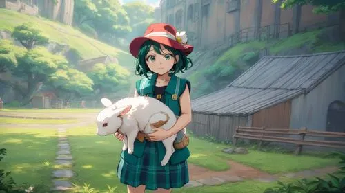 ela e de um anime de my hero academia ela gosta muitos de coelhos.,a girl in green dress holding a sheep,kaban,inugami,euphonium,nouaimi,zwei,shigure,Anime,Anime,Traditional