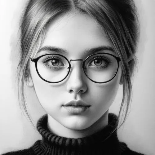 女生，黑白，素描，黑色毛衣
,a portrait of a  with large round glasses,girl portrait,girl drawing,digital painting,mystical portrait of a girl,spectacles,portrait of a girl,Illustration,Black and White,Black and Wh