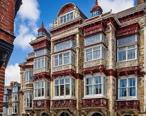 Folkestone, seaside town, English Channel, Victorian-era inspired architectural design, grand building, symmetrical façade, ornate stone carvings, large windows, balconies with intricate metalwork, re