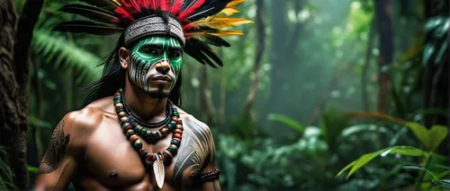 tribesman, green hell, jungle warrior, muscular build, tribal tattoos, face paint, feather headdress, loincloth, spear in hand, standing pose, aggressive stance, rainforest background, lush foliage, e