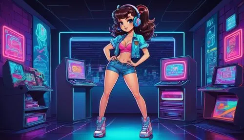 retro girl,80s,girl at the computer,arcade,retro woman,rockabella,sega genesis,retro styled,marina,cyber,game illustration,arcade game,retro background,retro,cyan,vector girl,arcade games,80's design,cyberpunk,retro diner,Illustration,Japanese style,Japanese Style 07