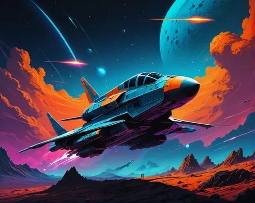 Una batalla aeroespacial. Los colores son anaranjados y azules. Estilo de dibujo Retro Sci-Fi. Estilo de dibujo Synthwave.,the spaceship flies through the night sky near saturn,gradius,space art,space