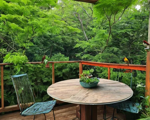 balcony garden,patio,outdoor table,veranda,outdoor table and chairs,balcony plants,climbing garden,bowl of fruit in rain,garden birds,green living,tree house hotel,maple bonsai,tree house,rainy day,rain bar,wood deck,cabana,garden design sydney,garden breakfast,treehouse,Illustration,Paper based,Paper Based 10