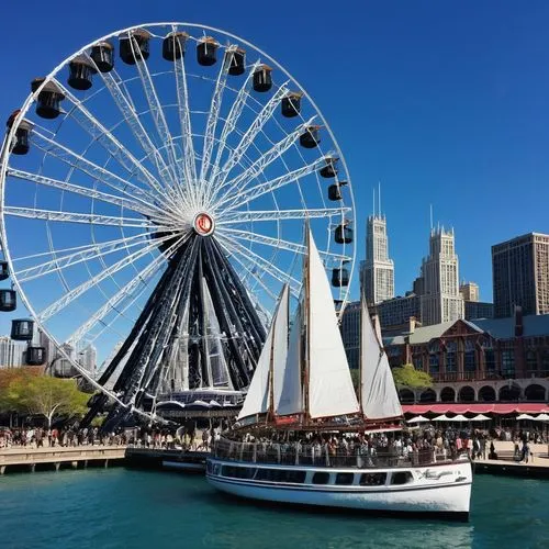 Chicago Navy Pier, architecture tour, daytime, sunny weather, clear blue sky, Lake Michigan waters, sailboats and yachts docked, Ferris wheel, grand staircases, ornate iron railings, neoclassical buil