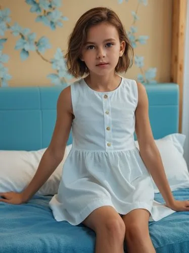 at random,a little girl sitting on a bed while dressed in white,little girl dresses,childrenswear,bedwetting,relaxed young girl,children's photo shoot,girl sitting,girl on a white background,gapkids,l