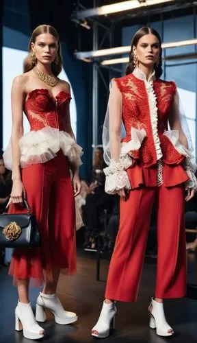 Fashion show ,two women pose for a pograph in a colorful coat,redcoats,courreges,fabray,galliano,christmas girls,redcoat,Photography,General,Cinematic