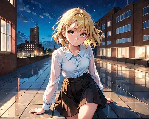 the ground shakes as the camera moves in a surreal and captivating scene. A caucasian blonde girl, energetically transformed, gazes out at the city skyline before her, clad in a crisp white blouse, da