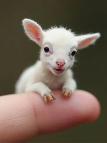 The world's smallest lamb, perched on someone's finger with its mouth slightly open, is undoubtedly cute and charming. The photo is very realistic and captures the subtle features of the miniature lam