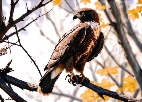 Sharp taloned hawk, spread wings, strong muscular body, piercing brown eyes, hooked beak, feathers in shades of brown and grey, perched on branch, morning sunlight, 3/4 composition, shallow depth of f