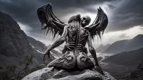 a skeleton sitting on top of a rock,dark angel,death angel,nephilim,black angel,angel of death,angmar