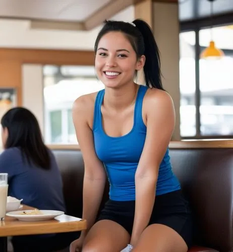 Full body image.  She is in a restaurant eating.  She wears short tights, a tank top and sneakers.  Her black hair is in a ponytail and she is smiling.  More diners in the background.,an asian woman i