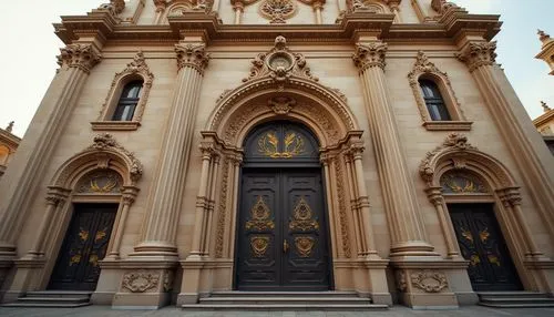 Ornate church facade, Baroque architectural style, grandiose entrance, intricately carved stone details, ornamental cornices, majestic columns, rusticated quoins, arched windows, stained glass, decora