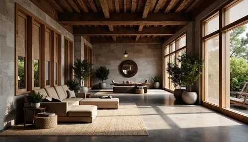 Rustic stone walls, wooden accents, rough-hewn wood beams, metallic mesh panels, translucent glass facades, smooth concrete floors, natural fiber carpets, woven bamboo screens, earthy color palette, o