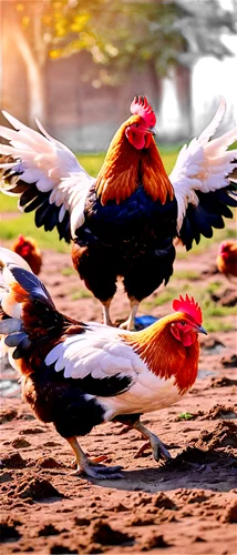 Chickens, farm animals, multiple, varied plumage colors, fluffy feathers, beaks, combs, wings spread, pecking ground, scratching earth, rural setting, warm sunlight, soft focus, shallow depth of field