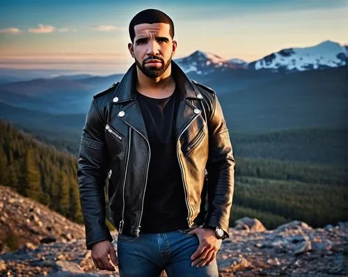 Drake family guy, muscular man, 30s, rugged facial features, short brown hair, stubble, strong jawline, piercing blue eyes, silver watch, black leather jacket, white shirt, dark wash jeans, black boot