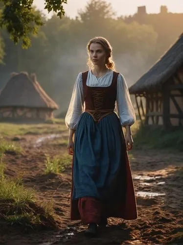 ((cinematographic image of a medieval beautiful young maid woman in a small medieval settlement)) in the middle of a wooded field, (wet ground:1.3), golden hour, warm lighting, volumetric light, haze,