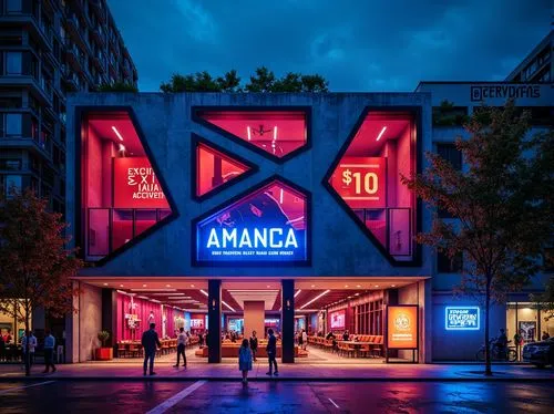 Vibrant fitness club facade, bold angular lines, neon-lit signage, metallic surfaces, futuristic aesthetics, dynamic shapes, contrasting textures, urban cityscape, nighttime ambiance, dramatic lightin