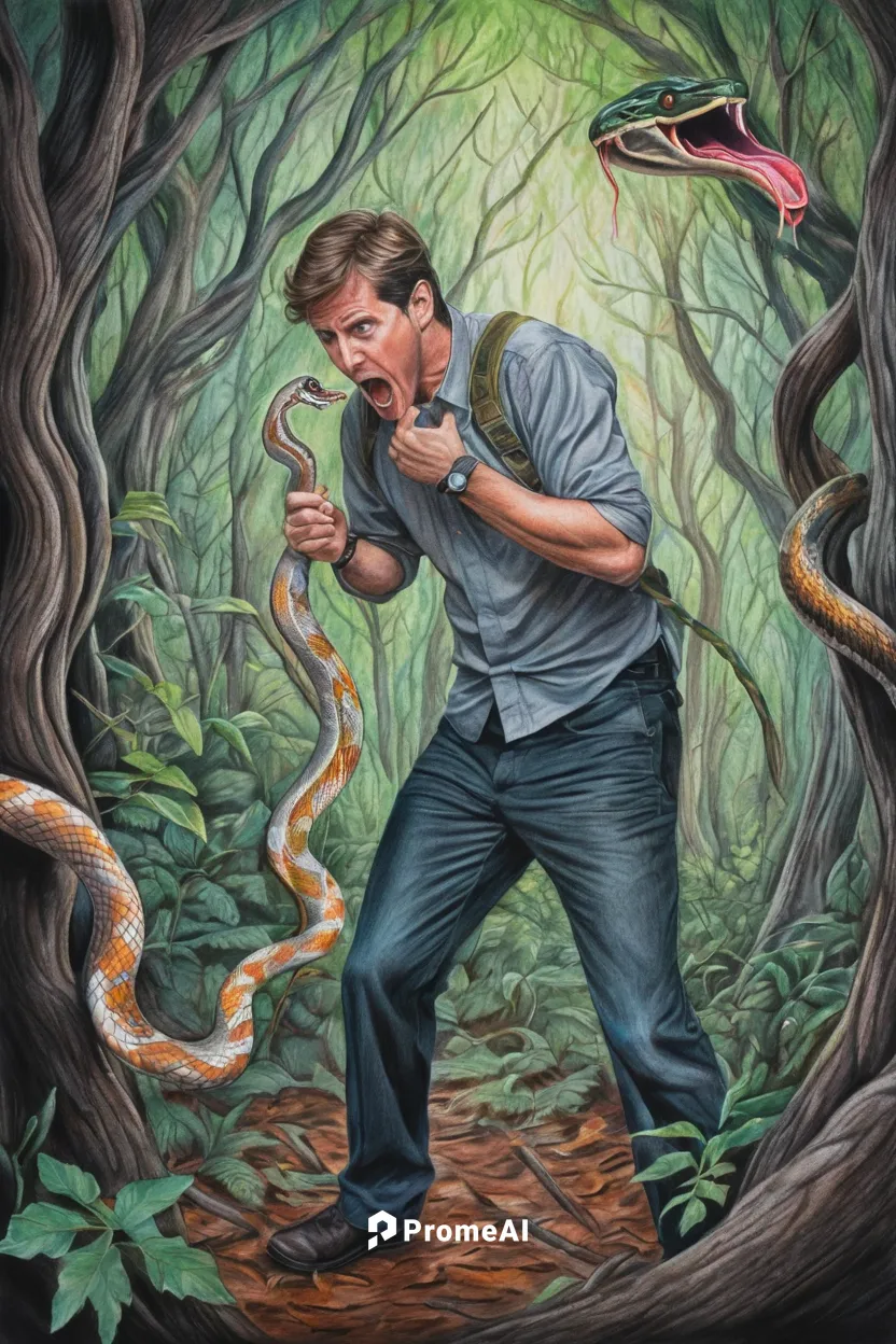 A terrified man tries to choke a snake in a dark forest.,tree snake,snake charming,groundsnake,rat snake,african house snake,choke snake,venomous snake,rubber boa,ringneck snake,western terrestrial ga