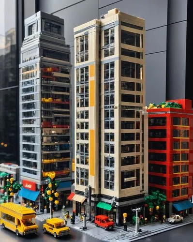 Best Lego architecture set, grand skyscraper, modern cityscape, intricate details, vibrant colors, reflective windows, angular shapes, complex structures, urban landscape, busy streets, pedestrians wa