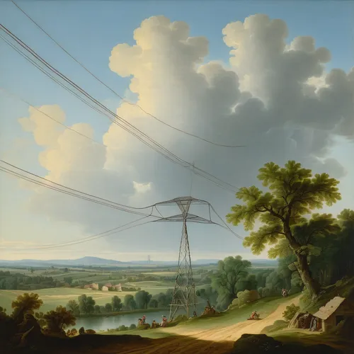 Describe a serene countryside with high-voltage power lines.,dutch landscape,transmission tower,electricity pylons,electricity pylon,overhead power line,power line,groenendael,radio masts,rural landsc