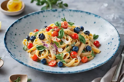 Prepare a visually stunning pasta dish using a variety of vibrant ingredients for a lively dinner party.,colorful pasta,pasta salad,seafood pasta,tagliatelle,fresh pasta,penne alla vodka,spaghetti all