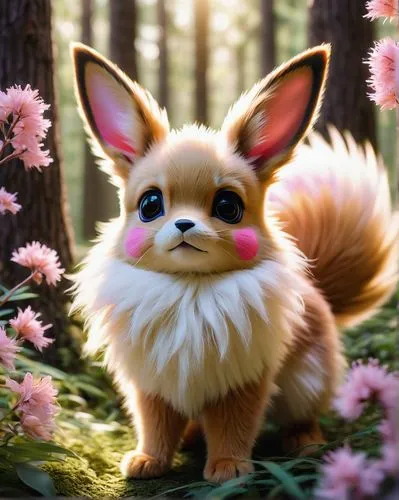 Eevee, cute, kawaii, pokémon, fan art, solo, (10yo), big bright eyes, pink nose, fluffy white fur, bushy tail, standing, forest, trees, flowers, sunny day, warm light, soft focus, shallow depth of fie