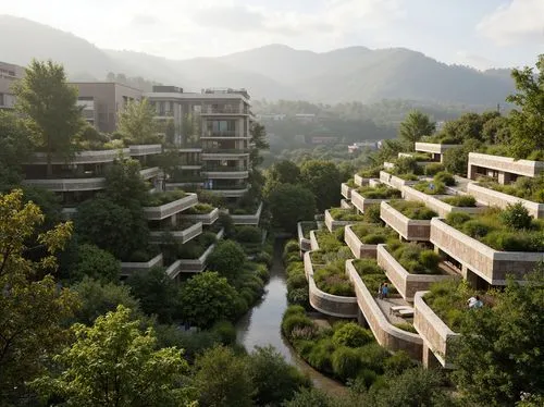 building valley,interlace,ecotopia,terraces,ecovillages,terraformed,apartment blocks,europan,biopolis,cohousing,streamwood,apartment complex,apartment block,urban design,hushan,futuristic architecture,scampia,safdie,terraforming,kifissia