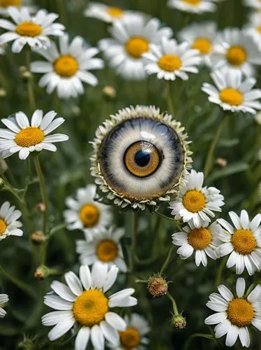 field of daisies with large eye with tiger pupil in the middle,ox-eye daisy,eye butterfly,african daisies,oxeye daisy,australian daisies,leucanthemum,peacock eye,leucanthemum maximum,marguerite daisy,