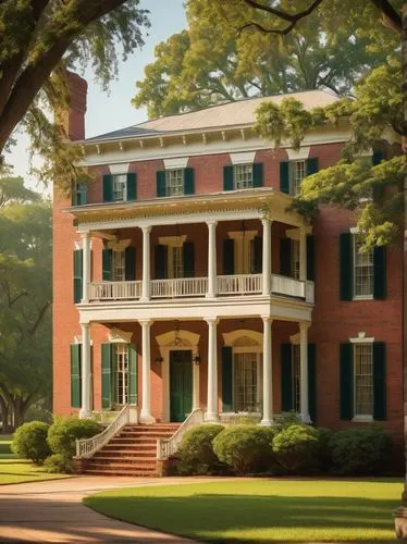 Antique Ole Miss architecture, grand colonial style, intricate ornate details, columns, balconies, archways, red brick walls, white pillars, green shutters, sprawling lawn, mature oak trees, southern 