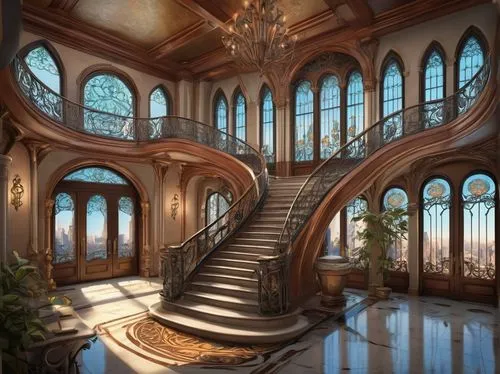 staircase,ornate room,dreamhouse,winding staircase,staircases,circular staircase,outside staircase,mansion,fairy tale castle,spiral staircase,art nouveau frames,stairwell,luxury home interior,cochere,stairway,palatial,banisters,3d fantasy,victoriana,luxury property,Unique,Design,Character Design